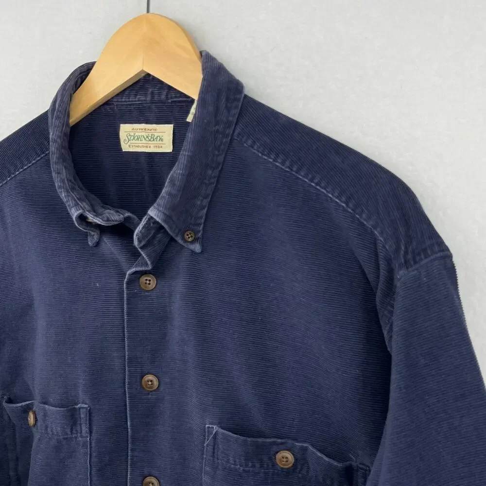 ST JOHNS BAY Shirt Mens LXT Corduroy Button Up Work Long Sleeve Cotton Blue VTG